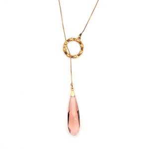 Rose Gold Tone Pink Crystal Teardrop Lariat Necklace Adjustable Circle Drop